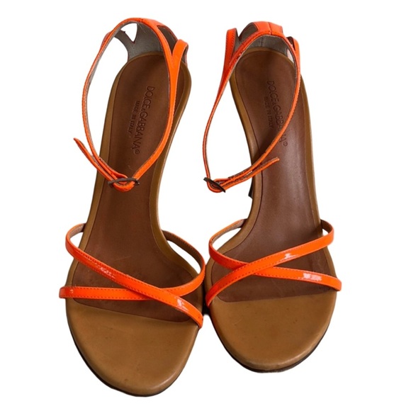 DOLCE & GABBANA Strappy Neon Orange Leather Heels EU 38 / US 7.5-8 Italy Sandals - Picture 2 of 9